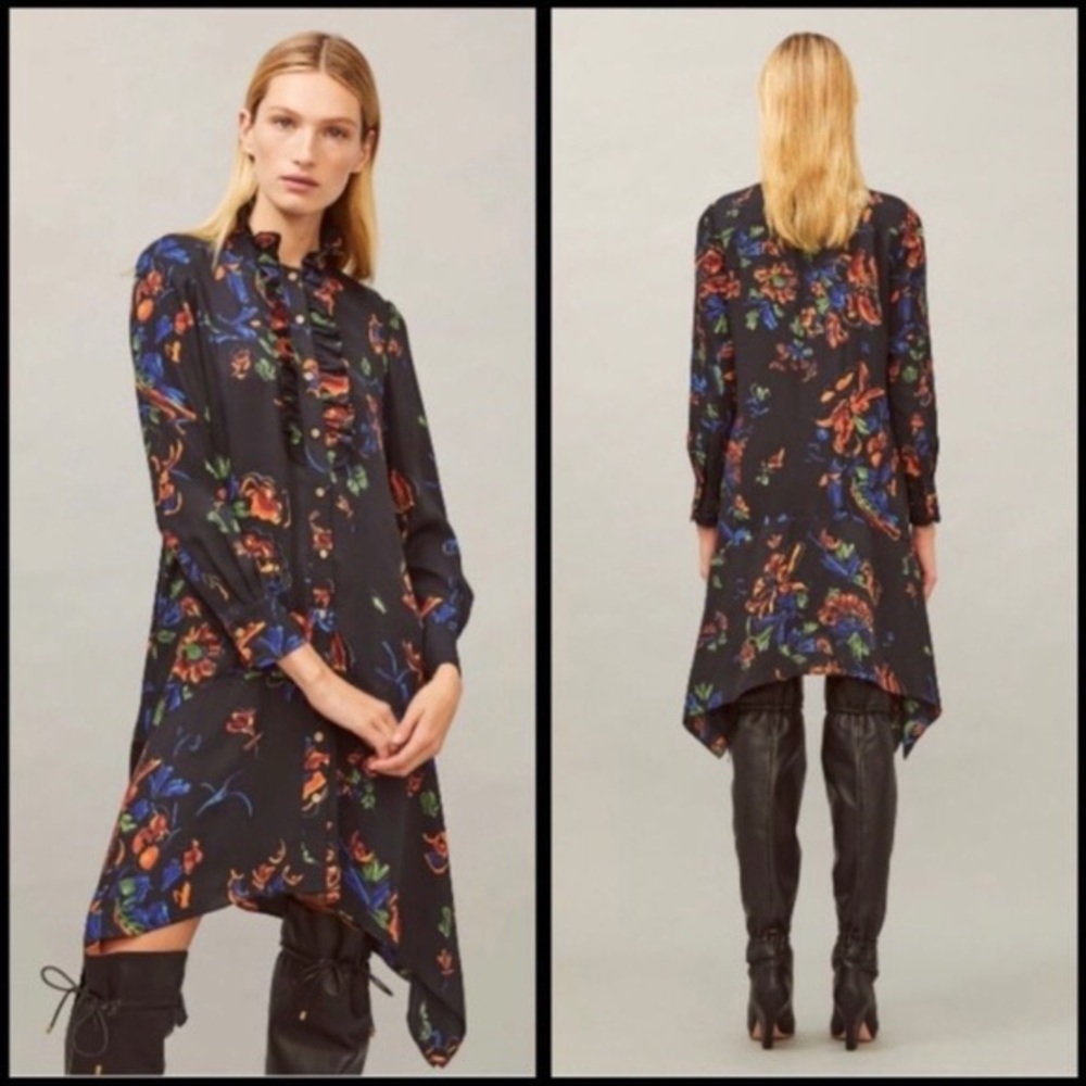 Tory Burch Floral Cora Ceramic Bouquet Asymmetrical Hem Midi Ruffle Dress Size 4